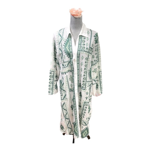 Zara White Green Embroidered Tunic Collared Shirt Dress Boho Cover Up size XL - Picture 3 of 15